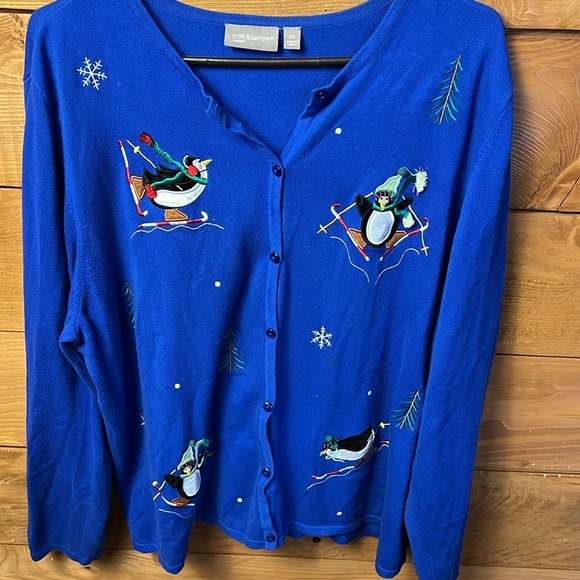 Croft and Barrow Sweater Womens Blue button long sleeve Christmas Penguins - Picture 5 of 9